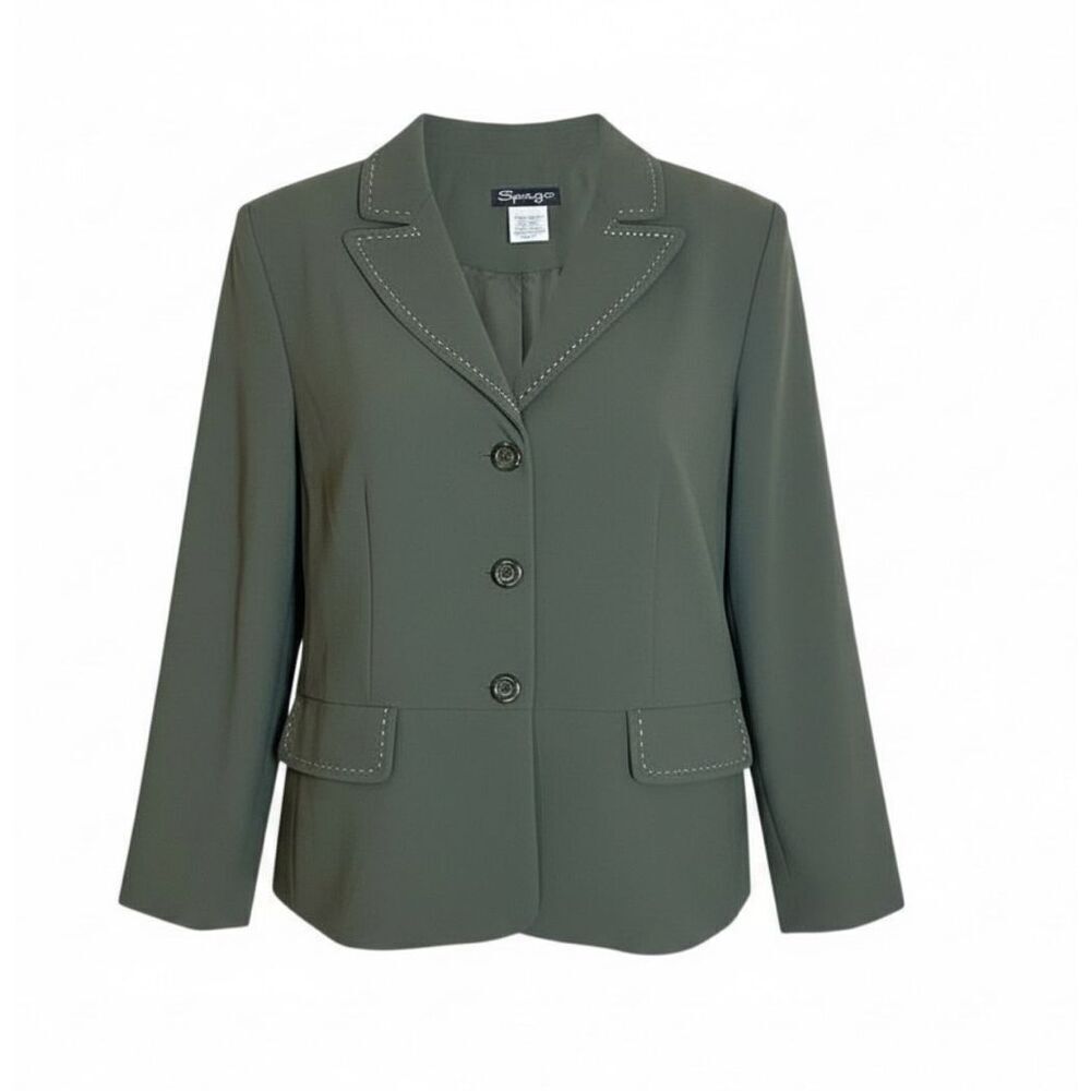 Spago Collection Shoulder Pads Three Buttons‎ Blazer Jacket Army Green Size 18W
